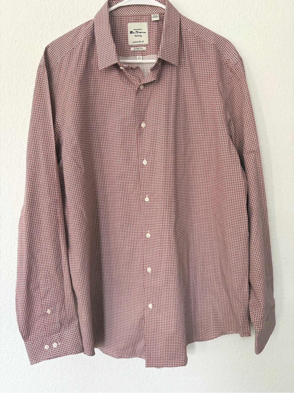 Ben Sherman Tailored Slim Fit Red Micro-Pattern Long Sleeve Dress Shirt